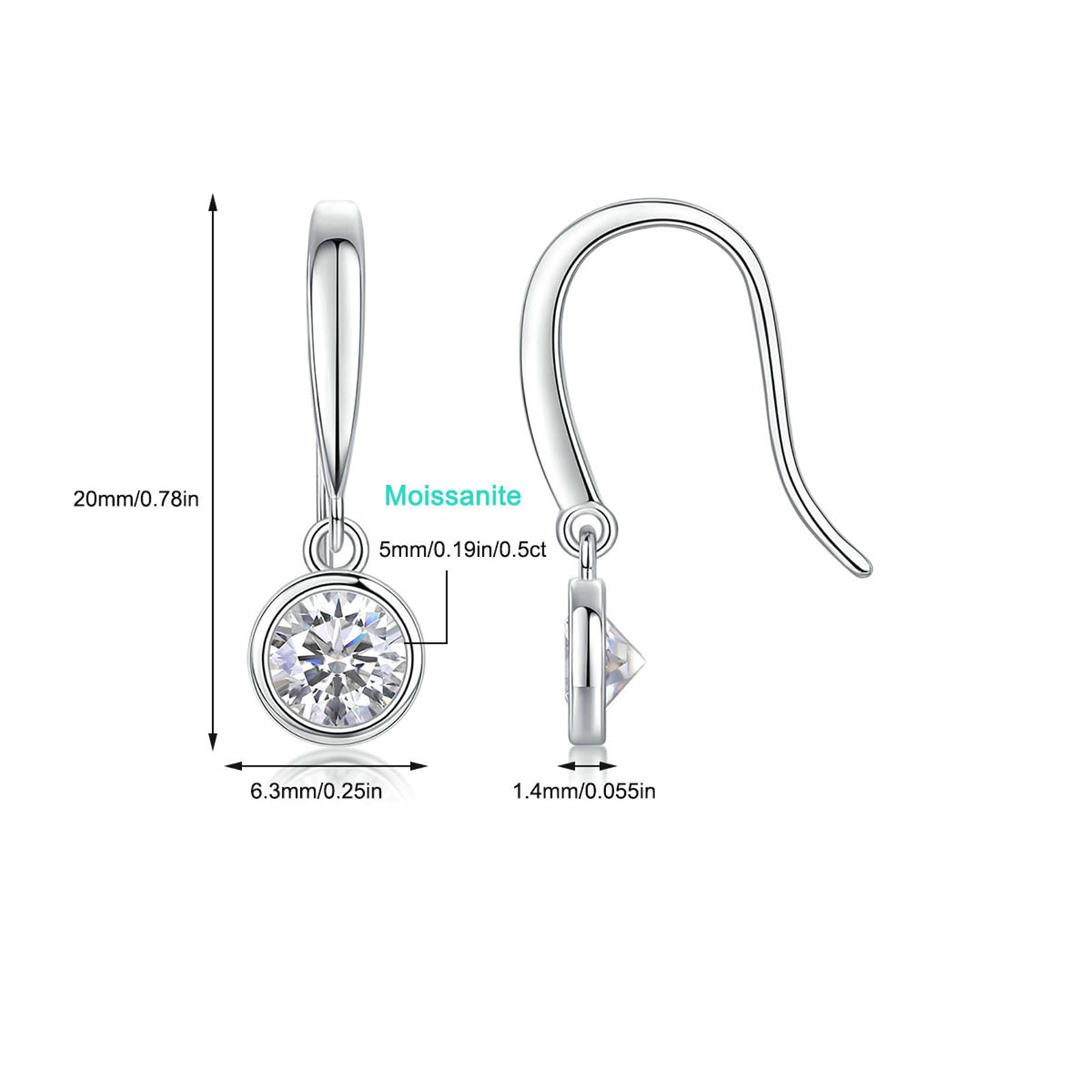 Orecchini da donna in oro 9/14/18 carati, 0,5 carati, rotondi in moissanite, con gancio francese, vero oro