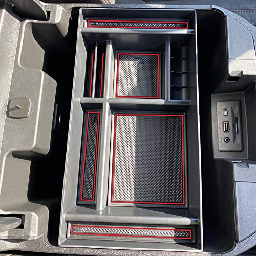 Image of JKCOVER Center Console Organizer Tray Compatible with 2019-2025 Chevy Silverado 1500 /GMC Sierra 1500 and 2020-2025 Silverado /Sierra 2500 /3500 HD - Full Console w /Bucket Seats ONLY (Red trim)