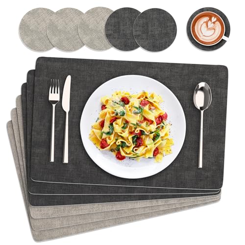 Euqvunn Tischsets Abwaschbar und Untersetzer, 6er Set Doppelseitigen PU Platzsets Wasserdicht...
