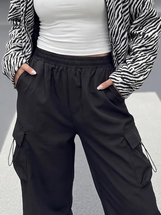 Image of GRECIILOOKS Women's Cargo Pants|Trousers |High Waist Cotton Trouser |Flared Parachute Pants with Side Pockets | Cargo Pant|Elegant for College & Events