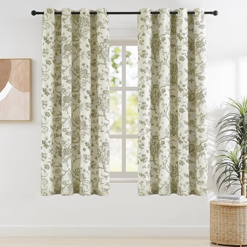 Melodieux 2 panneaux de rideaux occultants à imprimé floral vintage de 160 cm de long – Toile de Jouy – Rideaux à œillets texturés en coton pour...