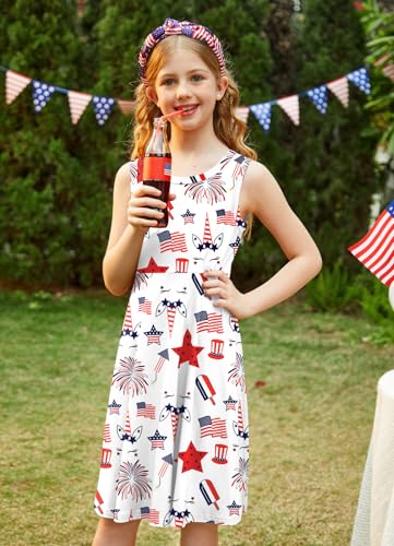 BesserBay Girl's Fourth of July American Flag Dress Stars Stripes Swing Midi Tank Dress 4-14 Years4