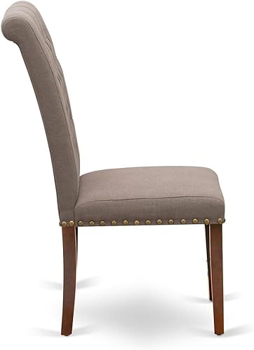 Miniatura 7 de East West Furniture BRP3T18 Bremond Parson - Juego de 2 sillas de cocina con botones y ribete copetudo, tela de lino marrón, acolchadas, color caoba