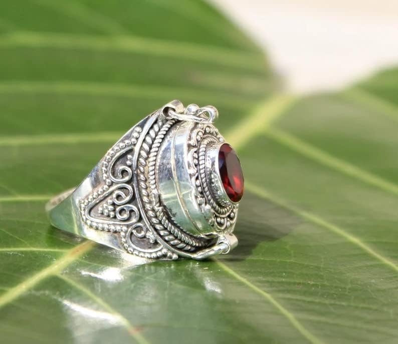 Faceted Garnet Ring, Poison Box Ring, Red Stone Ring, January Birthstone Ring, Locket Ring, Poison Pill Box, Designer Box Ring, Healing Crystal Ring, Secret Message Ring, Natural Garnet Jewelry