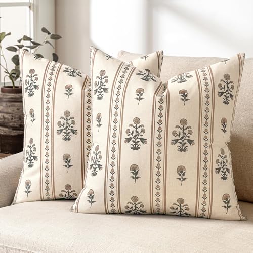 SWANCOCO Striped Floral Throw Pillow Covers 18x18 Inch Set of 2 Brown - image 1