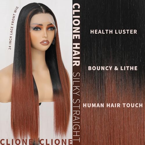 CLIONE Ombre Lace Front Wigs 24 Inch Long Straight Hair Wig For Black Women 2/30 Brown Ombre Highlight Straight Wigs Pre Plucked Synthetic HD Lace Front Wigs Wear and Go Glueless Wig for Beginners - Image 5