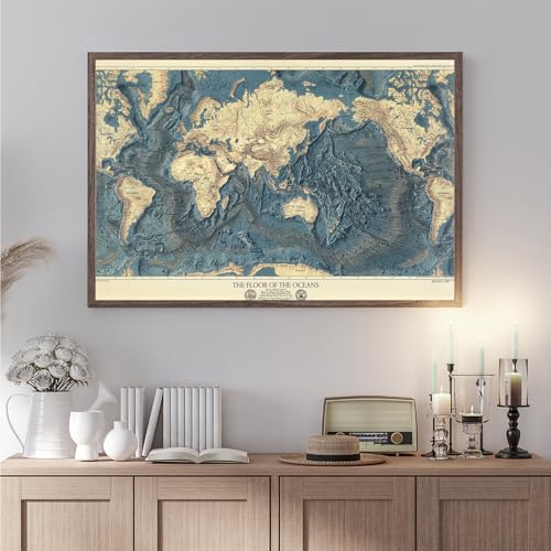 Topografía de tierras y océanos del mundo. Lámina del fondo oceánico. Cartografía de la geología del fondo del océano. Póster en lienzo para decoración de pared (22"L x 16"W, sin marco) miniatura 4