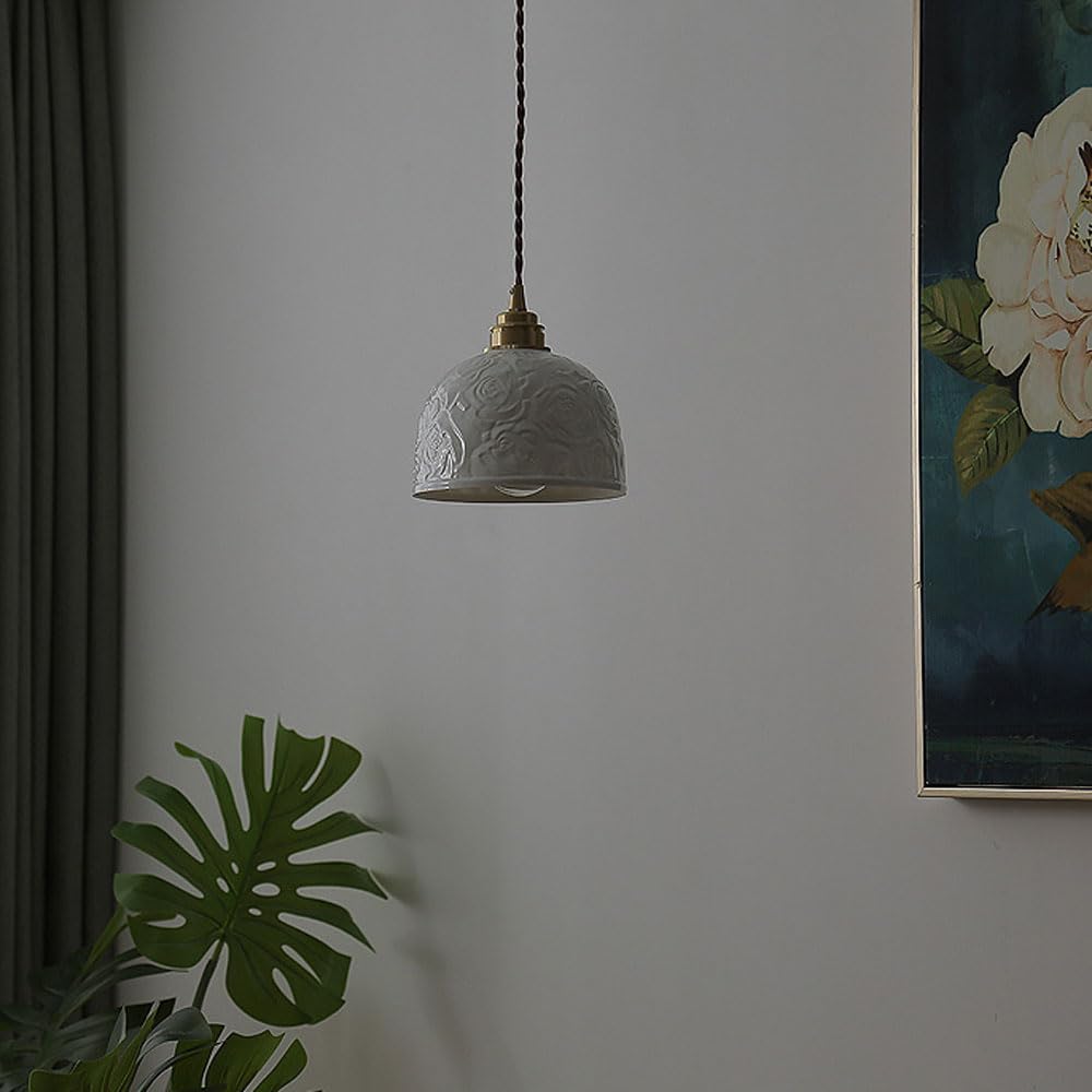 1-punktowa lampa wisząca ceramiczna lampa wisząca, E26/E27 lampa sufitowa zwisająca lampa nordycka do kuchni wiejskiej wyspy sypialnianej 6,1 cala średnicy biały różany wzór abażur innovate