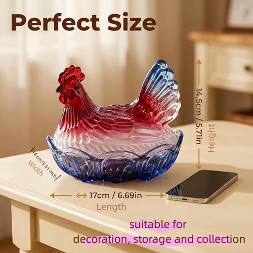 6.9" AIMINTSEN Glass Hen on Nest Candy Dish w/ Lid (Red/White/Blue) - image 3