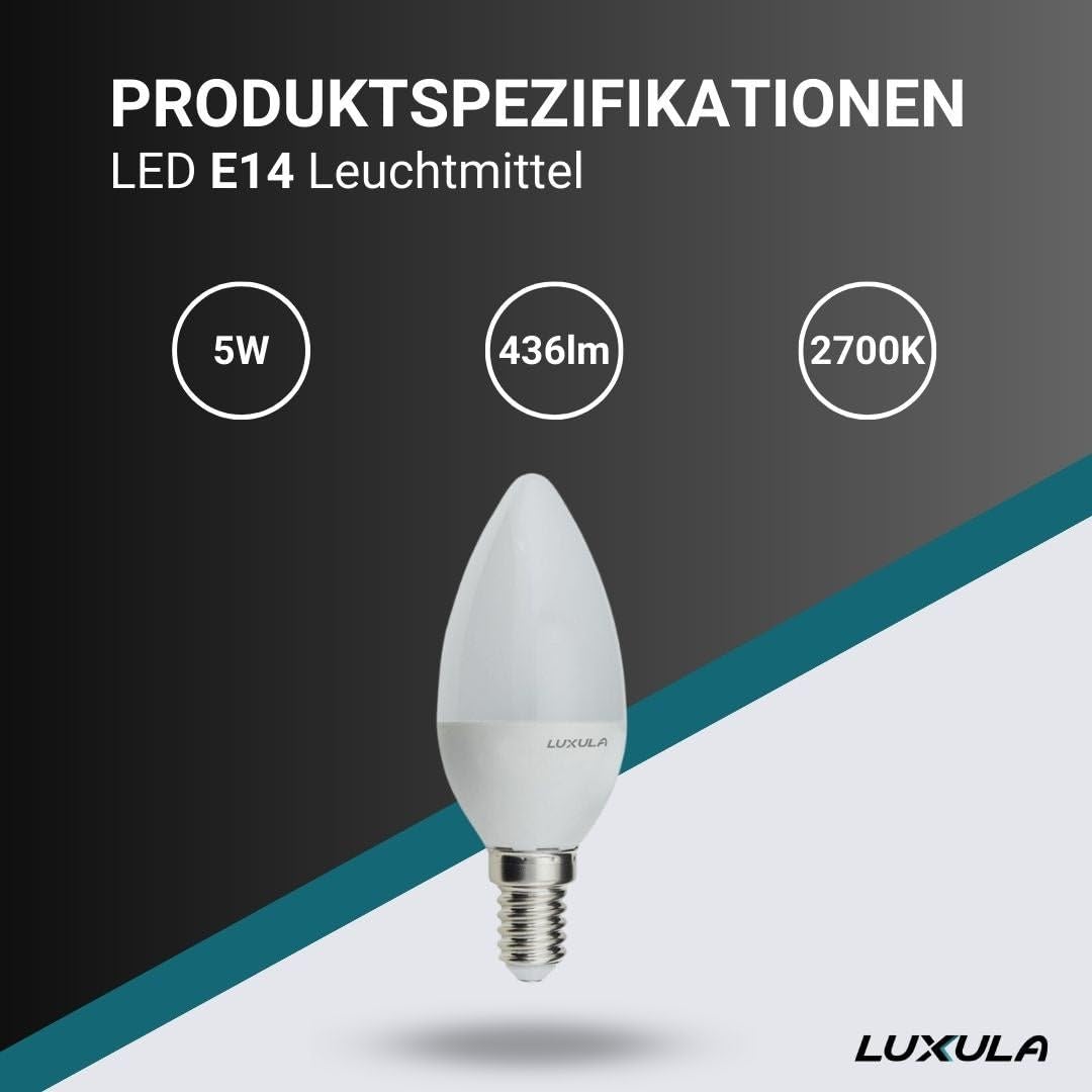 LUXULA E14 LED Leuchtmittel Kerzenform B37 100 Stück - 5W 436lm 2700K warmweiß, Kerzenbirne E14 ersetzt 50W Glühbirne Kerze, LED Kerzenlampe für Kronleuchter, Wandlampen und dekorative Beleuchtung