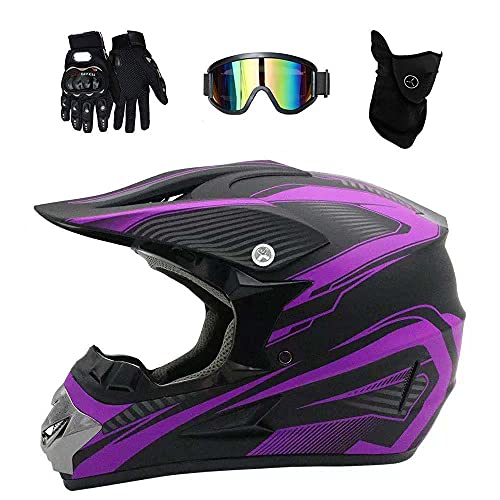 Integral MTB Casco de Motocross, con Gafas Guantes Mascarilla, Juventud Niño Todoterreno Motocicleta ATV Cascos, Cuesta Abajo Carreras de Enduro Quad Dirt Bike Casco(Purple,S/52 53CM)