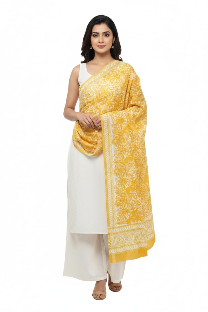 india scarves Mustard White Mul Cotton Dupatta | Sanganeri Large Floral Block Print | 250x120cm – ISYVSK-A07-picture-34
