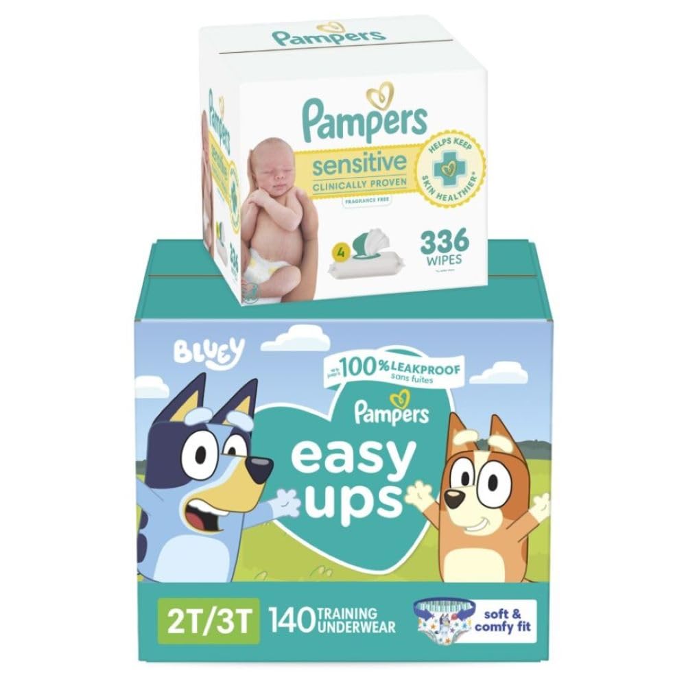 Easy Ups Pull On Bluey Training Pants Boys and Girls, 2T-3T, One Month Supply (140 Count) with Sensitive Water Based Baby Wipes 4X Pop-Top Packs (336 Count)