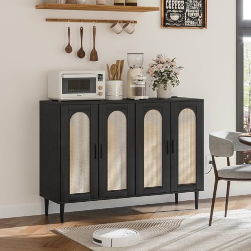 Rattan Buffet Cabinet with Storage,Sideboard Cabinet with 4 Doors and Adjustable Shelves, Console Coffee Bar with Charging Station, Boho Wood Cupboard for Kitchen, Livingroom and Dining Room,Entryway