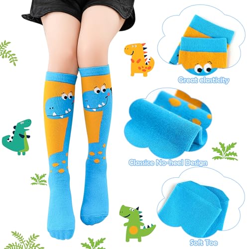 PHOGARY 6 Pairs Girls Knee High Socks, Cute Socks Colorful Cartoon Animal Warm Cotton Socks Crazy Funny Kids Odd Socks Mid Calf Long Boot Socks for 3-12 Years Girls, One Size (Dinosaur)3