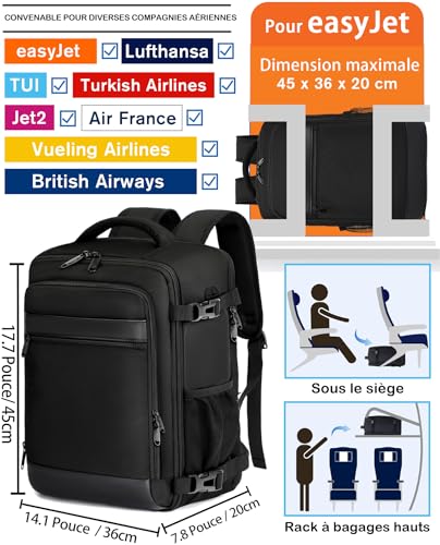 KLOSTAIN Bagage Cabine 45x36x20 pour Easyjet Sac a Dos Voyage Cabine Avion 30L Bagage Cabine Grande sous Siège Bagage à Main Homme Femme Sac à Dos pour Ordinateur Portable 15.6 Pouces Noir – Image 2