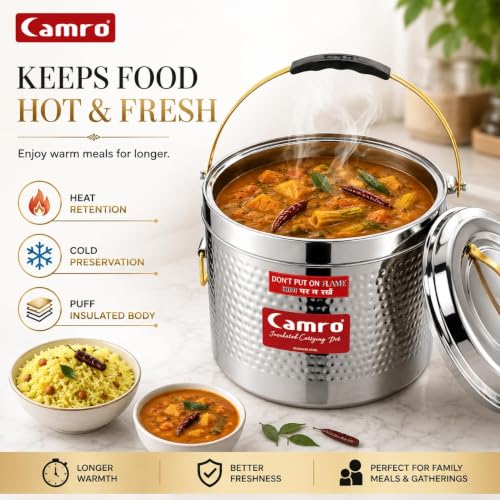Image of Camro Sambar Pot Hammered | Sambar Pot with Lid | Casserole for Cooking | Canteen & Hotel Casserole Container | Picnic Hot | Biryani Box Hot & Cold Serving (3 Liters)
