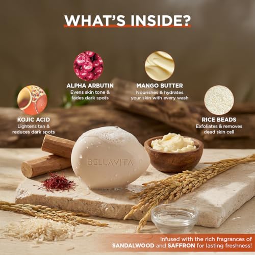Image of BELLAVITA Bright Wonder Brightening Soap | Pack of 3 x 100Gm | Dark Spot & Pigmentation Reduction | Kojic Acid & Mango Butter | Paraben-Free