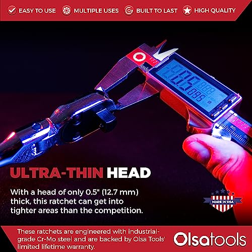Olsa Tools Flex Head Ratchet 1313 | 3/8" Drive, 12" Long | Made In Usa | 180 Degree Flex Head Ratchet | 90 Tooth Socket Wrench | Chromium Molybdenum (Cr-Mo) Steel | Designed For Professional Mechanics #TOP3