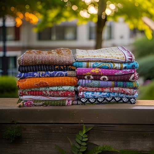 Boho Sanskriti Indian Quilt Vintage Bedspreads,Throws,Ralli, Lot Kantha Reversible Bedcover Bedspread Throw Cotton Blanket Gudari -Single Pieces, Twin