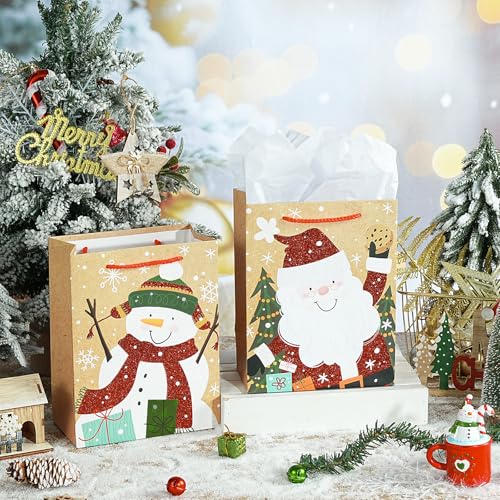 Image of Loveinside Christmas Gift Bags Set, Glitter Foil Santa, Penguin, Snowman & Polar Bear Design, Medium Size Bags with Handle, Tissue Paper for Christmas Gifts & Party Favors, 4 Pack, 7 inch X 4 inch X 9 inch