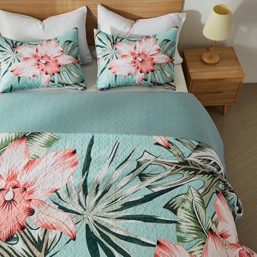 Yogeneg King Quilt Bedding Set,Green Pink Botanical Pattern Sky Blue King/Cal King Quilt Set,3 Piece Lightweight Soft Summer Bedspread Coverlet with 2 PIillow Shams,All Season(Sky Blue,110"x96") - Image 4