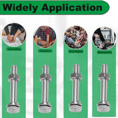 Image of M8x50mm Hex Bolt with Hexagon Nut, Flat Washers, Spring Washers | M8-1.25 Hex Bolts Stainless Steel 304 Fully Threaded Hex Tap Metric Hexagon Head Screw Right Hand External Hex Drive
