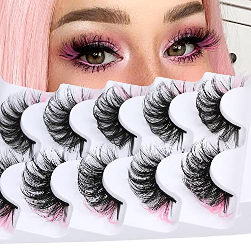 False Eyelashes Russian Strip Lashes With Color D Curl Colored Lashes Wispy Fluffy Eyelashes Natural Thick Volume 16MM Pink FANXITON Faux Mink Eyelashes 5 Pairs