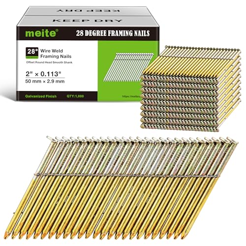 meite 28 Degree Framing Nails 2 Inch Galvanized Wire Weld Collated Nails for Framing Nailer Gun, Full Offset Round Head Smooth Shank Framing Nails for Structural Wall Sheathing Decking 1,000PCS