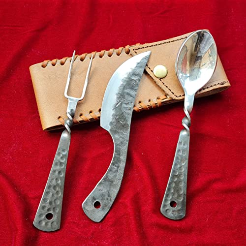 Handgeschmiedetes Besteckset im Mittelalterlichen Stil | 3-teilig (Messer, Gabel, Löffel) mit Ledertasche | Küche, Camping & Grill Geschenkset | HFTC10x
