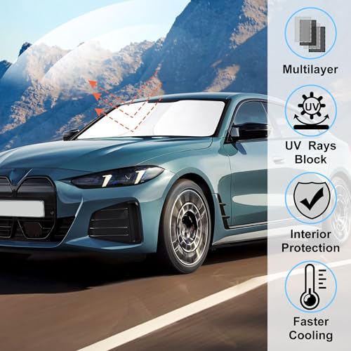 Image of Windshield Sun Shade Custom Fit for 2022 2023 2024 2025 2026 BMW i4 M50 Accessories Foldable Sunshade Sun Blocker Protect Car from Sun Rays & Heat Damage Keep Car Cooler