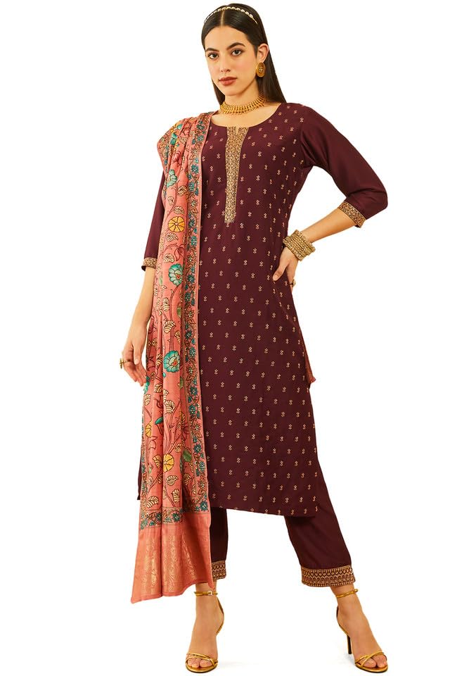 Soch Womens Maroon Silk Blend Embroidered Suit Set with Thread Work Deal