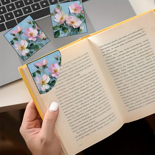 Image of 2Pcs Pink Floral Corner Bookmarks, Handmade PU Leather Page Corner Protectors, Oil Painting Art Stationery Gift for Women, Teachers, Mom, Spring Summer Reading Accessories 3.54 x 3.54