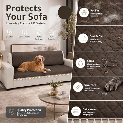 Image of Lukzer Quilted Sofa Cover Mat with Tassels for 1 Seater Sofa - Chocolate Brown | Soft Washable Anti-Slip Protector for Living Room | Furniture Cover for Back-Seat Slipcover 60X150CM / SC-192-1T