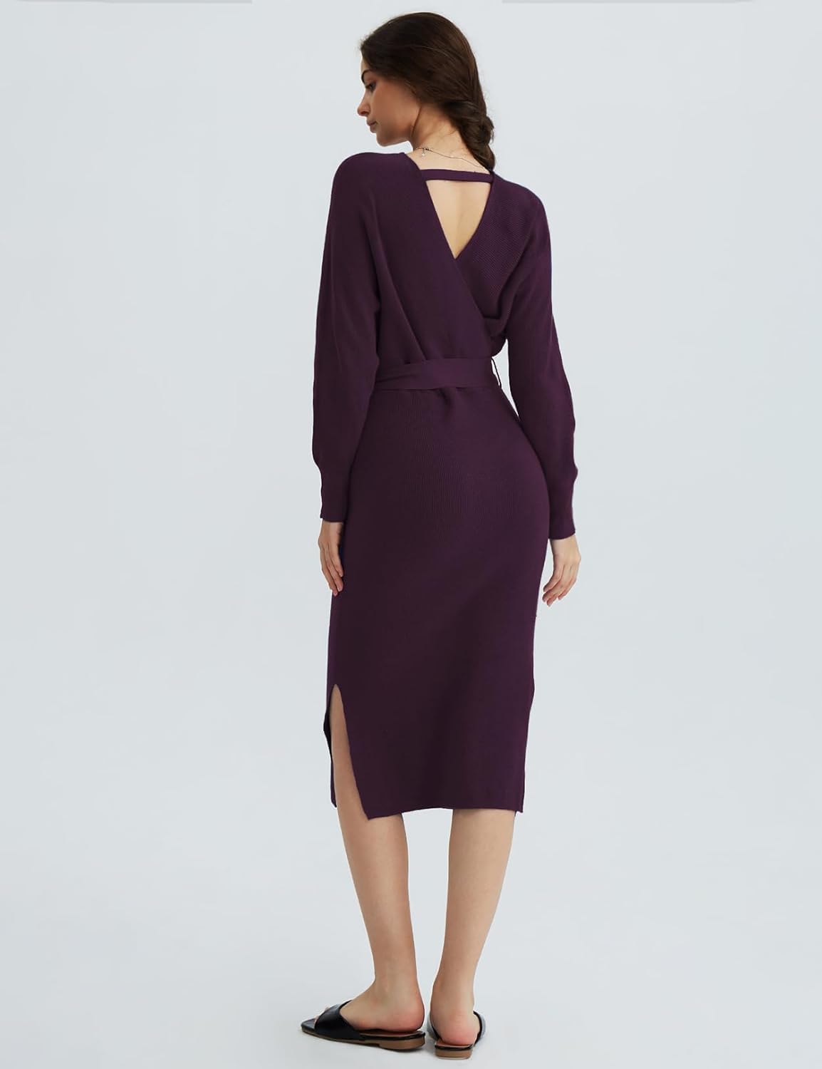 CHERFLY Women's V Neck Sweater Dresses Batwing Long Sleeve Backless Bodycon Long Dress with Belt - Image 3