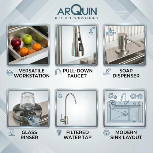Image of ARQUIN Kitchen Sink 24 inchx18 inchx9 inchInch Waterfall Kitchen Sink Silver Original 304 Grade Stainless Steel ANTI SCRATCH Silver Matt Finish DESIGN Integrated Pull-down Faucet with Cup washer