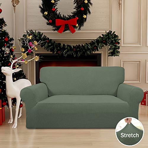 Image of Easy-Going Stretch Loveseat Slipcover 1-Piece Sofa Cover Furniture Protector Couch Soft with Elastic Bottom for Kids Polyester Spandex Jacquard Fabric Small Checks (Loveseat, Greyish Green)