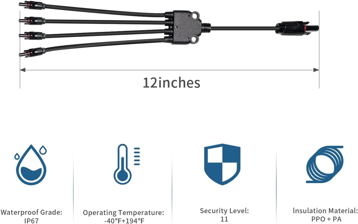 ELFCULB Solar Panel Connector, Solar Connectors Y Branch Parallel Adapter Cable, 12-Inch, 1 Male to 4 Female(M/FFFF) and 1 Female to 4 Male(F/MMMM), Compatible with MC4 Solar Panels and Inverters