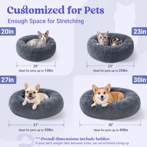 rabbitgoo Calming Cat Beds for Indoor Cats, 20 inches, Dark Grey | Soft Warm Donut, Fluffy Faux Fur, Supportive Raised Rim, Anti-slip, Machine Washable, Up to 15lbs Kittens & Small Cats - Image 6