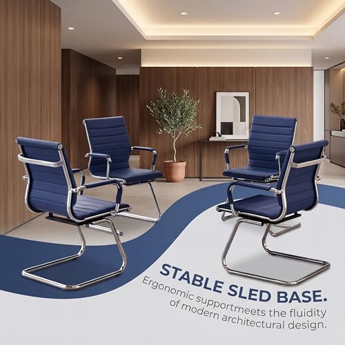 Image of Reception Chairs Leather Conference Guest Chair Heavy Duty Back Support Office Chair, Set of 2 (Navy)