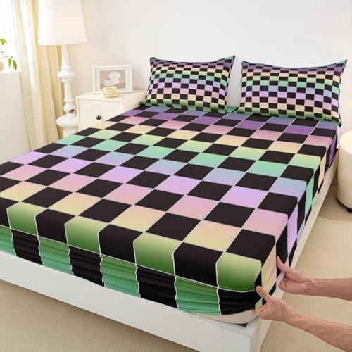 Image of Erosebridal Black Checkered Sheet Set Full Rainbow Ombre Plaid Bed Sheets Colorful Geometric Checkerboard Bedding for Kids Boys Girls,Aesthetic Grids Bed Sheets Set 4 Piece