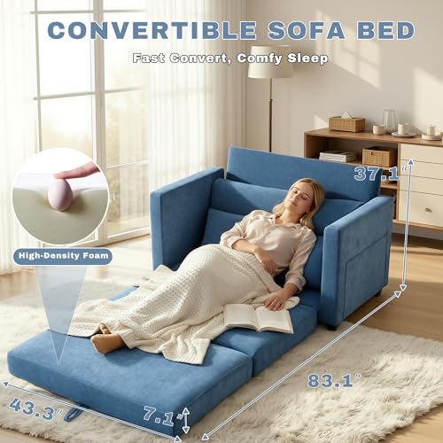 Image of 52 inch Loveseat Sleeper Sofa Bed, Convertible Small Pull Out Couch with Solid Back, 2 Pillows, Modern Upholstered Loveseat for Compact Living Room, Apartment, Bedroom, Blue