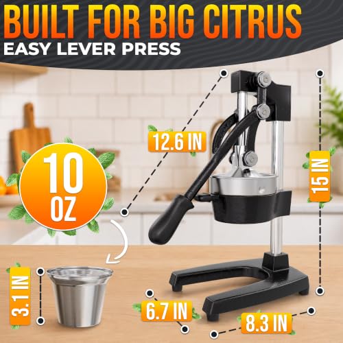 Image of Cast Iron Juicer Hand Press, Heavy-Duty Squeezer - One Pull Extracts Full Juice with No Electricity - Manual Citrus Press Juicer & Orange Squeezer for Lemon, Lime, and Lemonade at Home or Bar (Black)