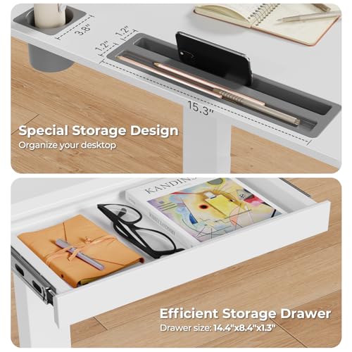 Image of Mobile Standing Desk with Drawer, 35 inch Small Standing Desk with Cup Holder, Rolling Laptop Desk on Wheels, Height Adjustable Desk with Storage for Home Office, White
