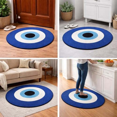 Image of Round Jute Reversible Evil Eye Door mat, 65 * 65 cm, Floor mat| Doormat for Home Entrance| Bathroom| Bedroom| Living Room| Kitchen| Pooja Room| Rug| Home Decor| Anti Slip| Outdoor| Nazar mat