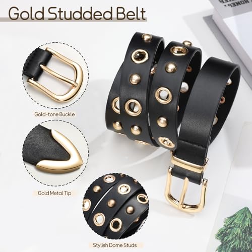 Gold Studded Leather Belt, Women’s Belts for Jeans Dresses Pants Women Fashion Punk Belt3