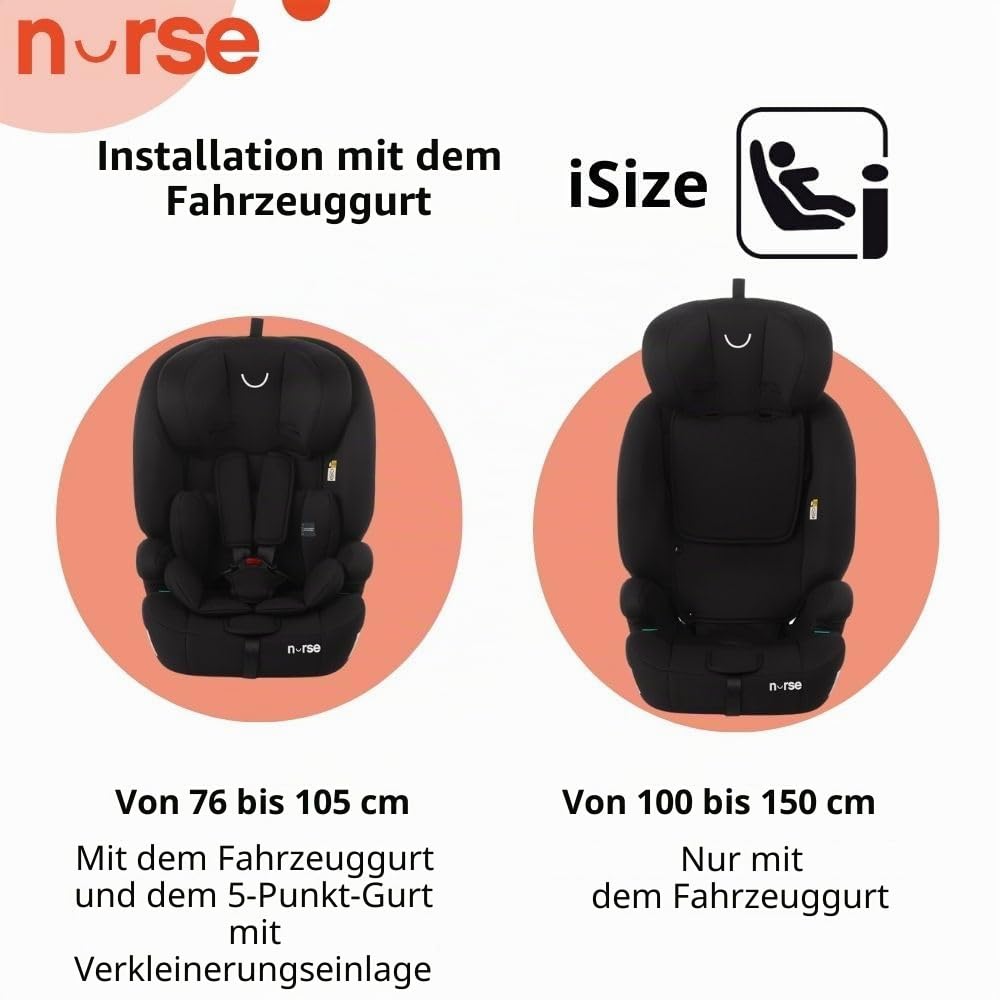 Jané Nurse Grip Kindersitz i-Size 76–150 cm, 2–12 Jahre, ohne Isofix, Gurtbefestigung, 9-fach Verstellbar, Gruppe 1 2 3, Schwarz