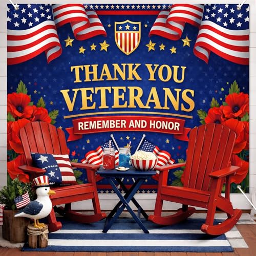 Image of BlissYard Thank You Veterans Backdrop Veterans Day Military Appreciation Banner Patriotic Tribute Decorations 8x6ft Remember and Honor Decor 4th of July Independence Day Patriotic Celebration
