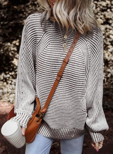 EVALESS Striped Sweaters for Women Boat Neck Batwing Sleeve Oversized Pullover Sweater Tops Womens Fall Clothes Outfits3