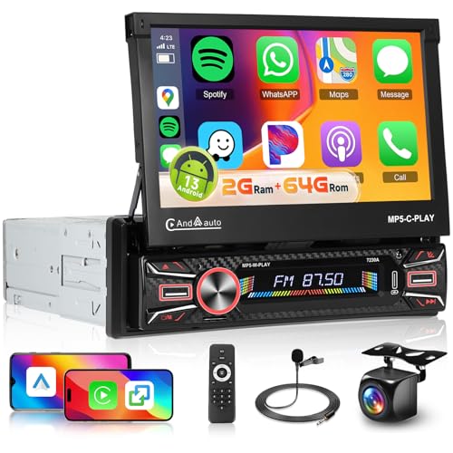 2G+64G Single Din Android 13 Car Stereo Wireless Carplay Android Auto, Hodozzy 7 inch IPS Motorized Flip Touchscreen Single Din Radio/GPS/Wifi/Bluetooth/EQ Audio/SWC/AHD Camera+USB/TF Card/Aux Ports